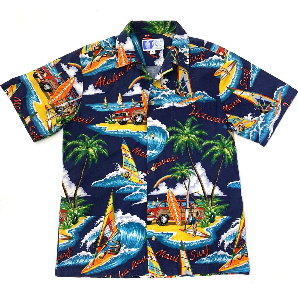 RJC Hawaii Men's Surfboard Print Aloha Shirt Vintage 1990s Island Style Size S